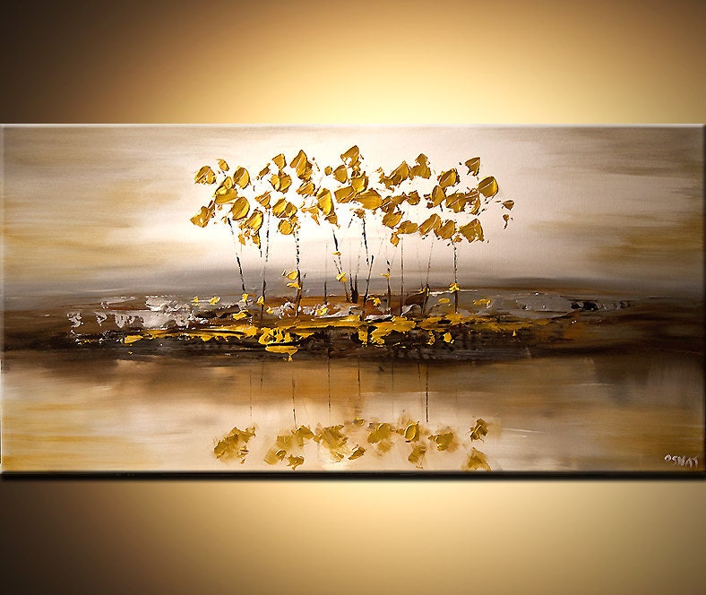 Modern Abstract Landscape Painting Gold Silver Acrylic Tree