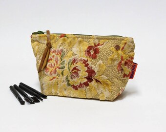 Velvet Cosmetic Bag - Makeup Bag - Zipper Pouch - Toiletry Pouch - Handmade from vintage fabric and canvas by EllaOsix