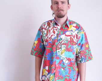 Novelty print Shirt 80s 90s Vintage Red Floral Psychedelic print Short sleeve Cotton embossed shirt Party shirt large xlarge