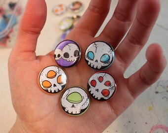 Handdrawn Skulls - pack of 5 one inch pins (random)