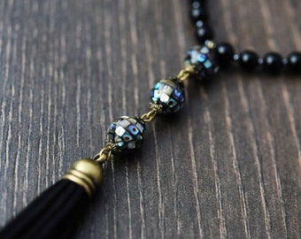 Gemstone Tassel Necklace Tassel Jewelry Black Tassel Necklace Gemstone Necklace Long Boho Necklace Long Beaded Necklace Long Necklace