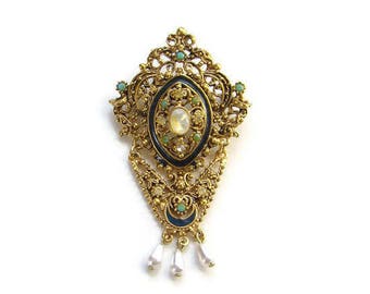 Vintage Florenza Faux Opal Rhinestone Brooch Pin Signed