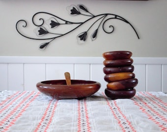 Vintage Wood Bowl Set, 8 piece set of 6 wooden salad bowls, large bowl, and spoon