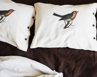 LINEN BEDDING Set, Handmade, White, Organic, Natural, Flax Linen, Bird Print