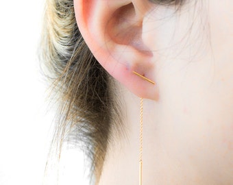 Bar Threader Earrings, Sterling Silver, Gold Plated, Delicate Chain Stick Earrings, Edgy, Minimalist Lunaijewelry, Handmade Gift, CHE020