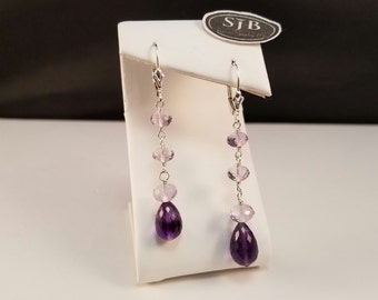 Amethyst Earrings, Amethyst Briolette Dangle Earrings, Sterling Silver Pink & Purple Amethyst Leverback Earrings, February Birthstone,#E1002