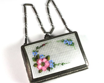 Vintage Guilloche Enamel Compact Dance Purse Minaudiere Necessaire w/ Chain FMCO