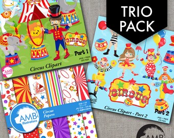 TRIO Circus Clipart and Digital Pack, Circus Animals and Clowns, Birthday Party, Party invitations, Commercial Use, AMB-1638