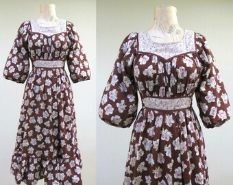 Vintage 1970s Dress / 70s Brown Cotton Floral Boho Laurel Canyon Midi Dress / Small