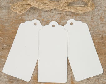Set of 50 White Tags and Twine, Scalloped Tags, Craft Scalloped Tags