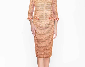 Peach Luxury Knitted Suit/Formal Embroidered Suit/Designer Jacket and Pencil Skirt/Elegant Two Piece Mother Of The Bride Dress/Evening Suit