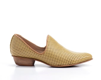 Yellow Flat Leather Shoes / Pastel Women Shoes / Every Day Shoes / Perforated Leather Shoes / Comfortable Shoes / Wooden Heel Shoe - Charlie