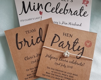 Hen Party, Hen Do, Hen weekend Team Bride- Wish Bracelet - Friendship Bracelet - Personalised Card - 'Bride to Be' Charm