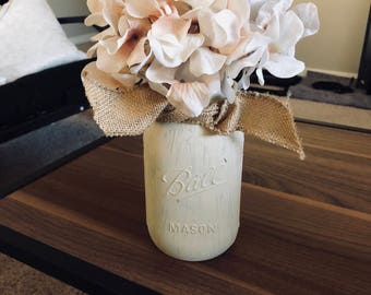 Chalk painted mason jar with burlap