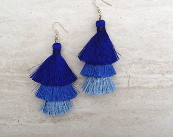 Silk Tassel Stack Earrings Blue Ombre Combo Tassle Earrings BlueTassle Earings BOHO Earrings, Wholesale Jewelry Earrings Handmade
