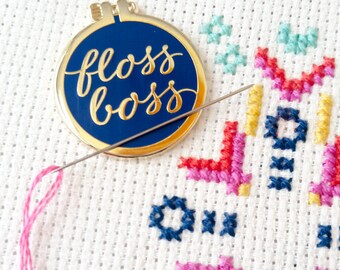 Floss Boss Needle Minder, Enamel Pin, Embroidery Hoop, Magnetic Needle Keeper, Needle Nanny for Hand Sewing, Hand Embroidery