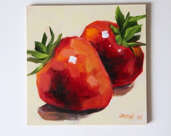 Strawberries original oil painting, still life painting, boba painting