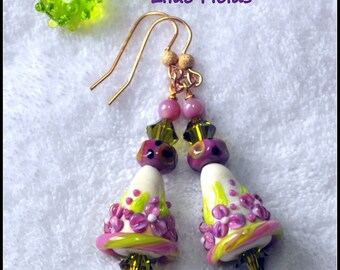 Lilac Lime and Ivory Earrings,Lampwork Earrings,Floral Earrings,Cone Earrings,Glass,Bead,Dangle Earrings -LILAC FIELDS