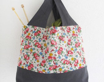 Grey Floral and Canvas Fabric Tote Bag | Small handbag to use as a mini shopping bag, project tote, or storage bag.