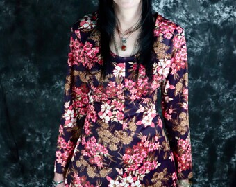 Vintage 1960s Dark Purple and Pink Floral Mini // Babydoll Dress with Long Sleeves and Empire Waist, Size Medium -- Mod // Boho // Hippie