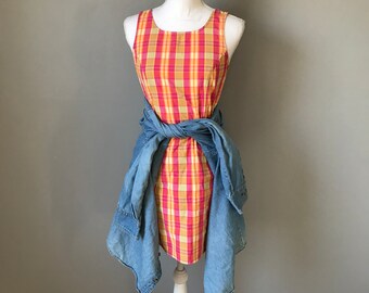 Colorful Sleeveless Plaid Spring Dress / Bright Pink Vintage 90's Plaid Mini Dress / 90's Cotton Summer Mini Dress / Size 4