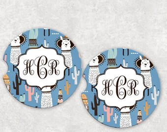 Car coasters monogram car coaster cupholder coaster coworker gift for her Valentine gifts llama gifts personalized llama coasters car