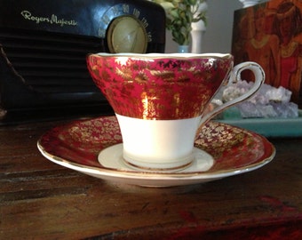 Antique Aynsley Golden Ruby Red Teacup and Saucer Made in England