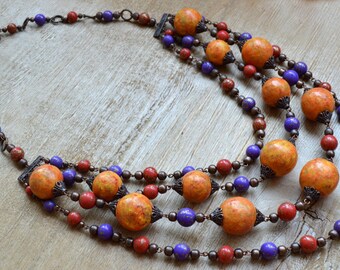 Layered necklace Boho necklace Orange necklace Multistrand necklace Clothing gift Long necklace Polymer clay jewelry Boho chic jewelry