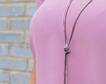 Knot Necklace, Silver Long Necklace, Double Chain Necklace, Summer Jewelry, White Necklace, Silver Necklace, Long Chain, Gifts For Friends