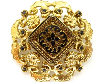 Vintage 1960s Filigree Gold Tone Black Glass Brooch