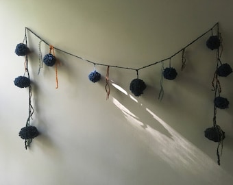 Handspun Art Yarn Pom Pom Garland (indigo)