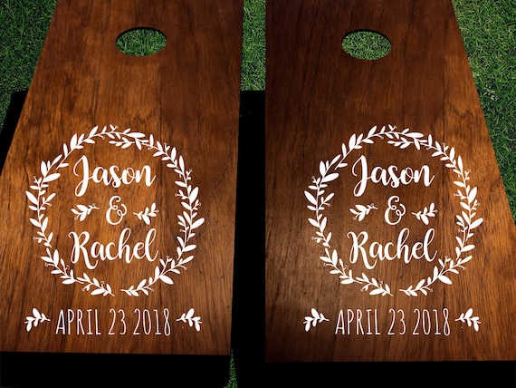 Custom wedding cornhole decals with names and date