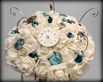 Ocean Steampunk Bouquet and Buttonhole Ivory rose and ocean blues