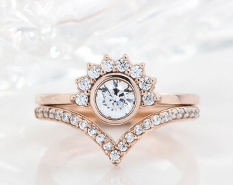 Half Moon Diamond Halo and Diamond Engagement Ring Diamond Wedding Band Bridal Set - Isabella Ava Set