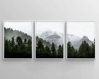 Set of 3 Landscape Art, Green Forest Printable, Set of 3 Forest Print, Nature Printable, 3 Piece Wall Art, Modern, Minimalist, Misty, Decor