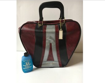 SALE! Vintage Bowling bag, Don Carter Burgundy bag, Retro Pleather Bag, Purse, Luggage w stripes, tag, ball cleaner, handles, Big Lebowski