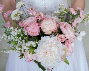 Pink Bridal Bouquet, White Wedding Bouquet, Peony Bouquet, Rose Bouqeut, Silk Bouquet, Wedding Flowers, Pink and White Wedding Bouquets