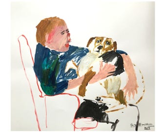 Original Faye Moorhouse painting - Man and Dog on a Chair - free international shipping