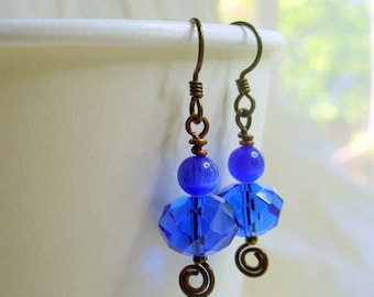 Blue Crystal Earrings, Womens Jewelry, Antique Brass, Blue Earrings, Gift For Her, Present for mom, Jewelry for Her, Handmade, Gift for Her