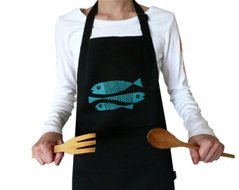 Fairtrade apron, fish. Screen printed by hand.