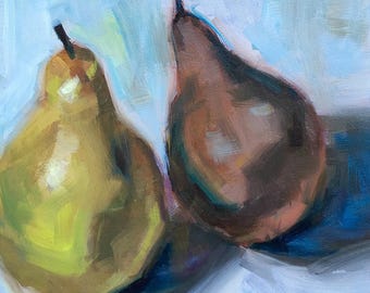 Original Oil Painting, pears, still life, kitchen art, green, white, wall art, small painting, art
