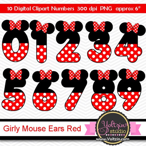 minnie mouse clipart numbers ears red black age digital clip