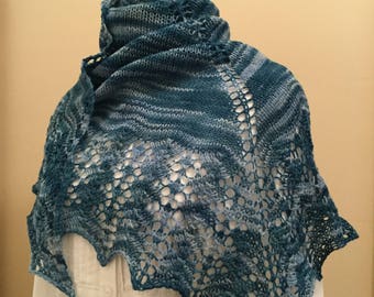 Hand knit shawl, shawlette, scarf, blue, merino wool