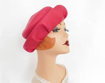 Woman's pink straw hat, vintage tilt fuchsia, bullock's