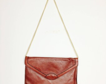 Brown vintage leather clutch with gold chain; Clutch, bag, small