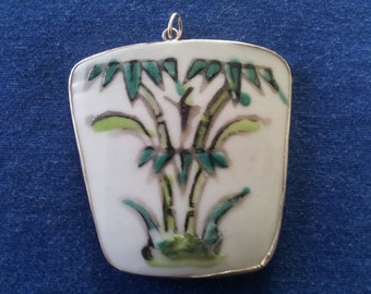 Vintage Chinese Pottery Shard and Silver Pendant