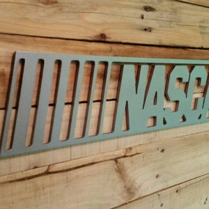 Nascar Sign with Maple Backdrop Metal Style Sign MDF Board Cut Out Logo With Faux Metal Finish Rustic Pallet Wood