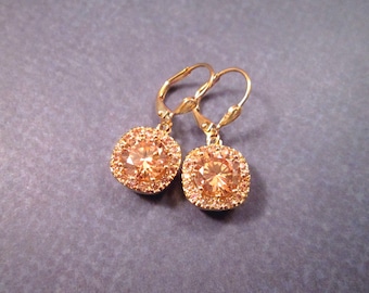 Cubic Zirconia Earrings, Peachy Pink and Gold Dangle Earrings, FREE Shipping U.S.