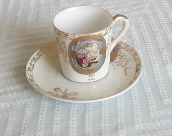 Cup and dish set for Japanese tea busy hand painted 40 's original