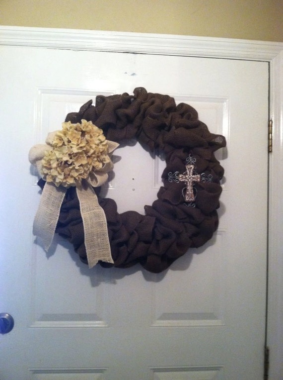 Fall Wreath - Burlap Wedding Wreath - Autumn Wreath - Front Door Wreath - Door Wreath - Burlap Wreath with Cross - Brown Burlap Wreath